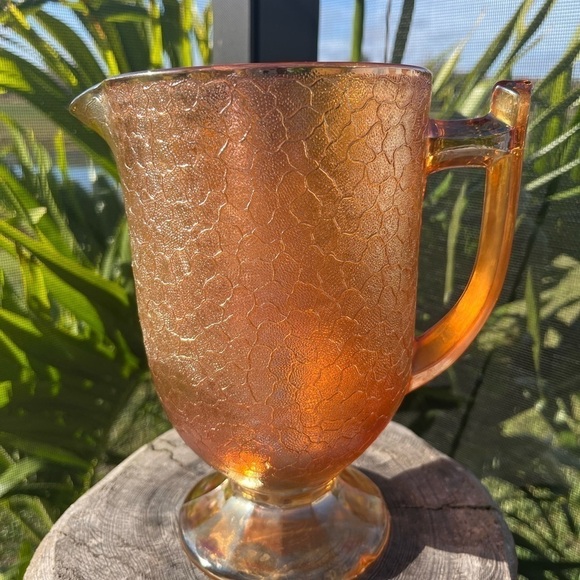 Vintage Jeannette Iridescent Crackle Marigold Carnival Glass Pitcher 8" - Picture 7 of 12